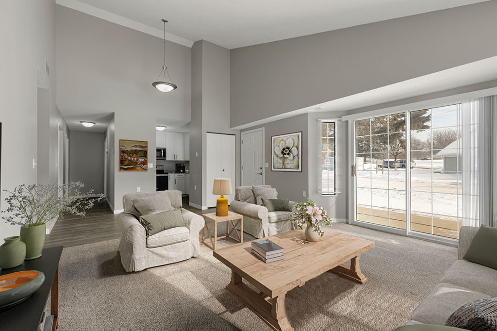 Woodlane Place living room with kitchen view